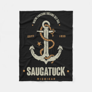 Vintage Retro Anchor Saugatuck Michigan Boating Sa Fleece Blanket