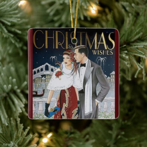 Vintage Retro Art Deco Christmas Couple Ceramic Ornament