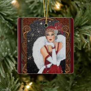 Vintage Retro Art Deco Woman Christmas Ceramic Ornament