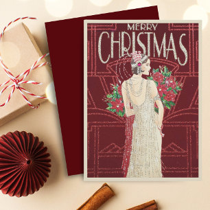 Vintage Retro Art Deco Woman Christmas Holiday Card