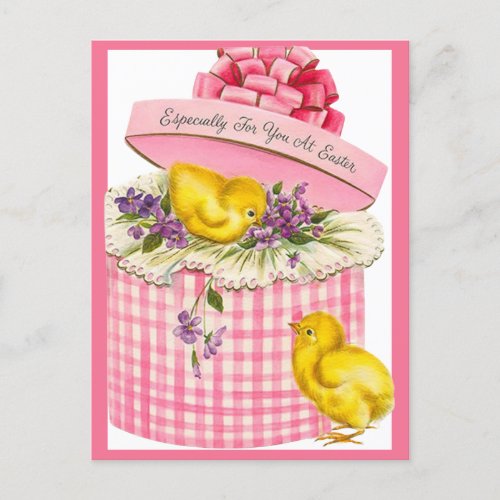 Vintage Retro Baby Chicks in a Hat Box Easter Holiday Postcard