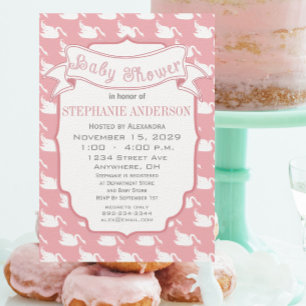 Vintage Retro Baby Girl Swan Pattern Baby Shower Invitation