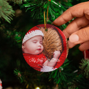 Vintage retro Baby's First Christmas photo Ceramic Ornament