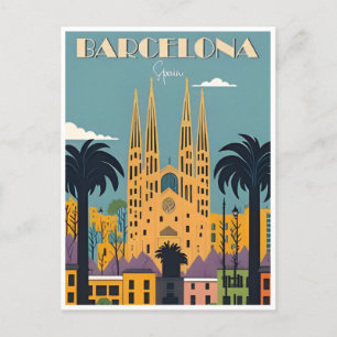 vintage retro Barcelona Spain Travel Art  Postcard