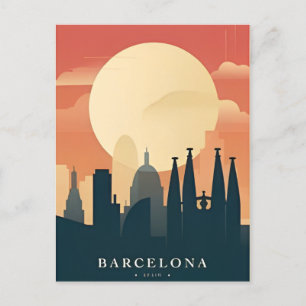vintage retro Barcelona Spain Travel Art Postcard