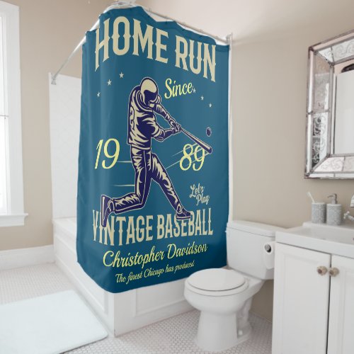 Vintage Retro Baseball Home Run Your Name Blue Shower Curtain