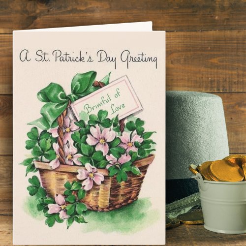 Vintage Retro Basket of Flowers St Patricks Day Holiday Card