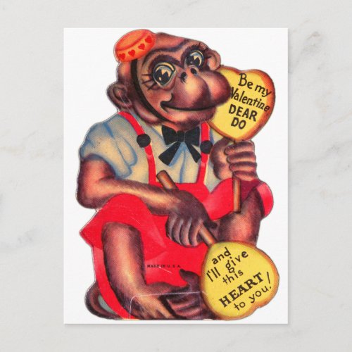 Vintage Retro Be My Valentine Dear Do Chimp Holiday Postcard