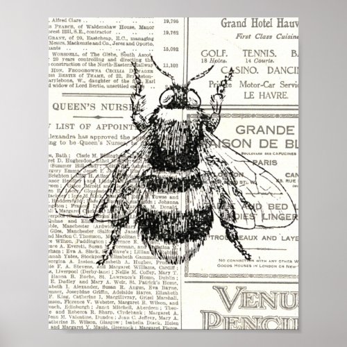 Vintage Retro Bee Newsprint Black and White Poster