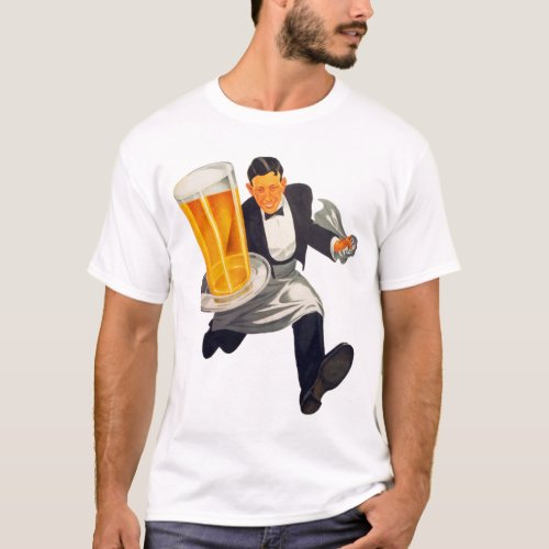 Vintage Retro Beer Waiter Serving Glass of Beer T_Shirt