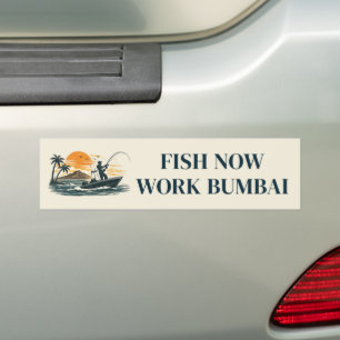 Vintage Retro Beige Fish Now Work Bumbai Bumper Sticker