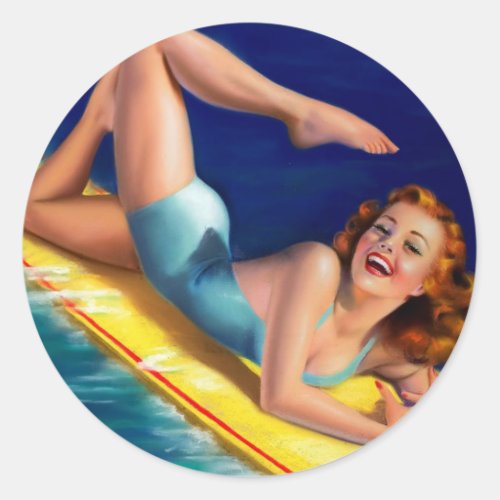 Vintage Retro Billy DeVorss Surfer Pinup girl Classic Round Sticker