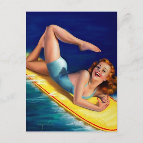 Vintage Retro Billy DeVorss Surfer Pinup girl Postcard