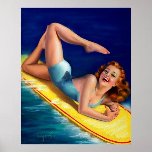 Vintage Retro Billy DeVorss Surfer Pinup girl Poster