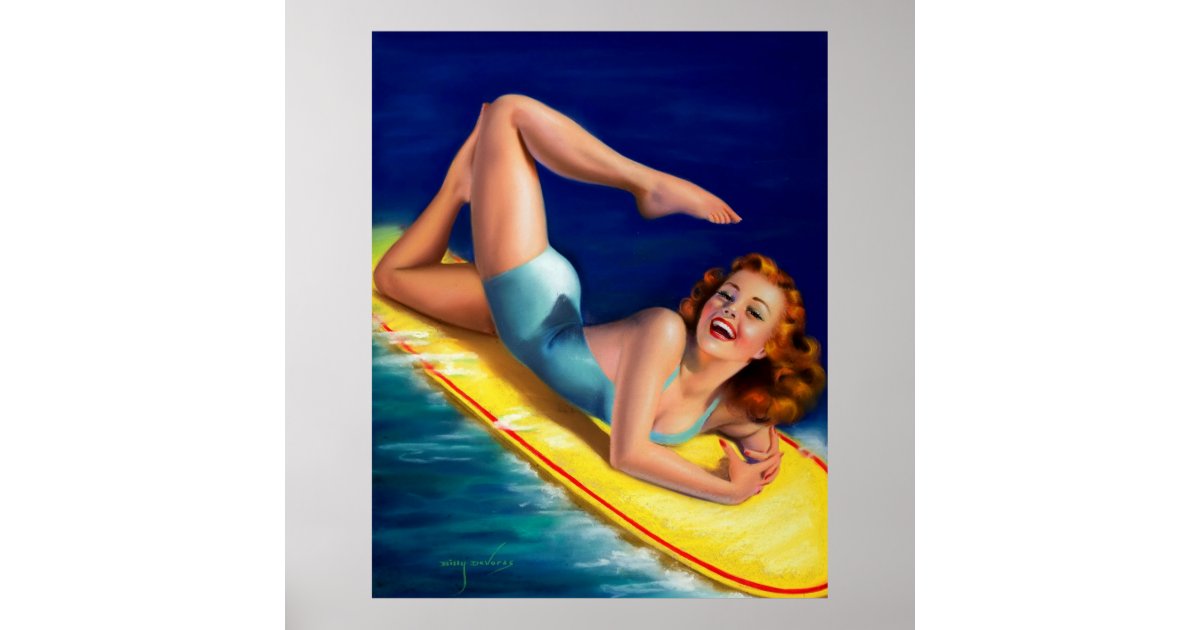 Vintage Retro Billy DeVorss Surfer Pinup girl Poster