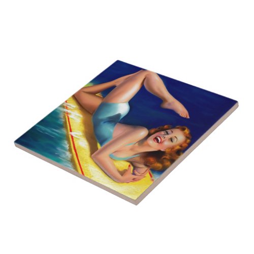 Vintage Retro Billy DeVorss Surfer Pinup girl Tile