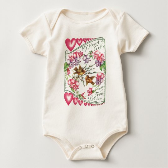 Vintage Retro Birds Winter Hearts Valentine Card Baby Bodysuit