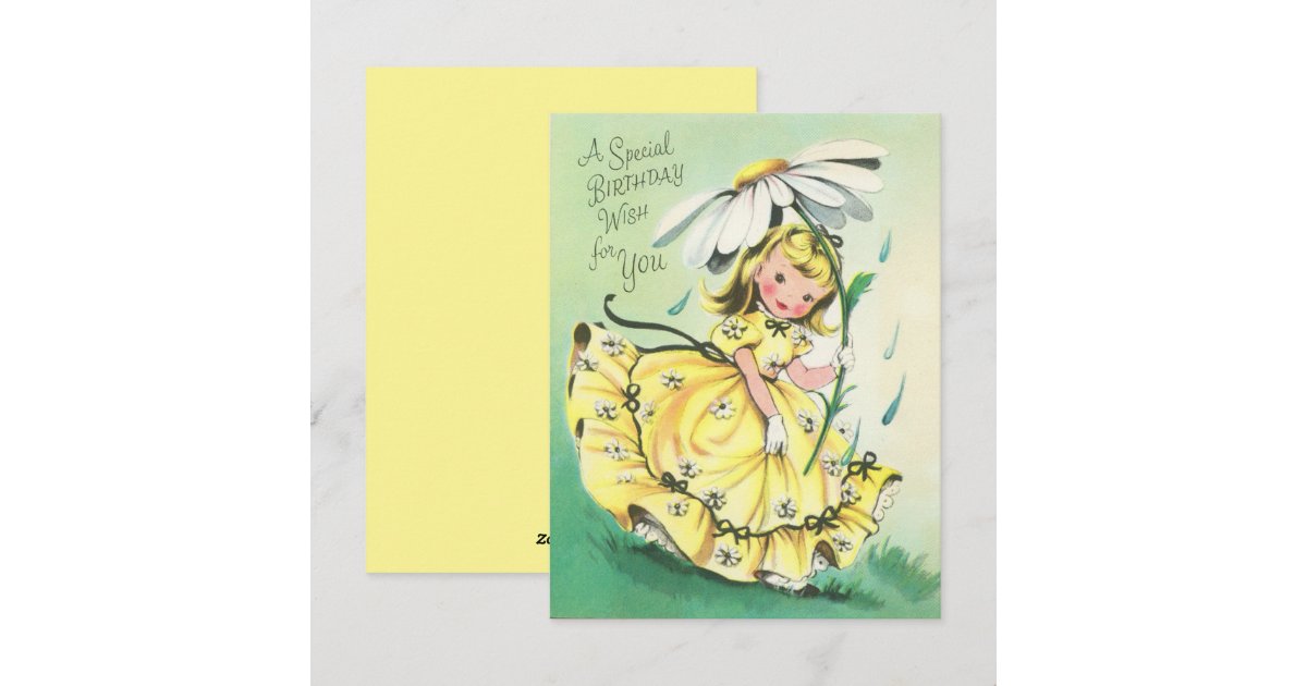 Vintage Retro Birthday Girl Holding A Daisy Holiday Card | Zazzle