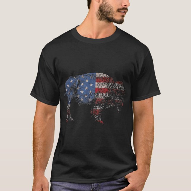 Vintage Retro Bison American Flag Buffalo Simple T-Shirt (Front)