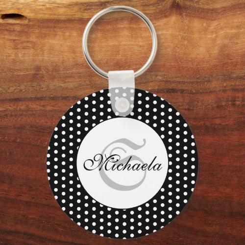 Vintage retro Black and White polka dots Monogram Keychain