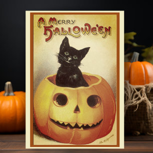 Vintage Retro Black Cat Custom Merry Halloween  Holiday Card
