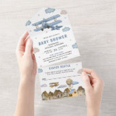 Vintage Retro Blue Airplane Baby Shower All In One Invitation (Tearaway)