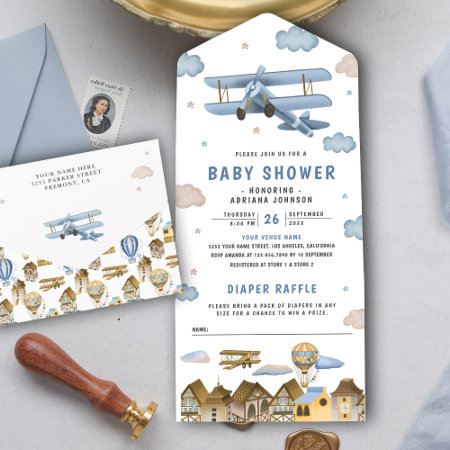 Vintage Retro Blue Airplane Baby Shower All In One Invitation