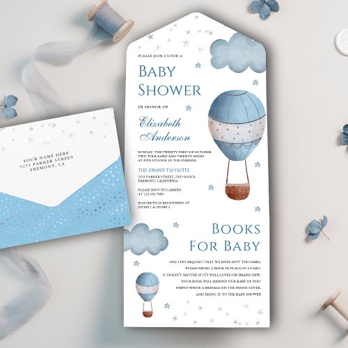 Vintage Retro Blue Hot Air Balloon Baby Shower All In One Invitation