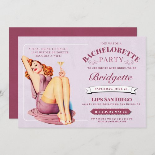 Vintage Retro Blush Martini Pin Up Bachelorette Invitation