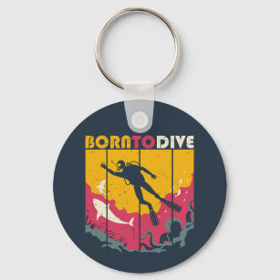 Vintage Retro Born To Dive Cool Scuba Diver Keychain