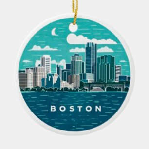 Vintage Retro Boston City Skyline, Boston City Ceramic Ornament