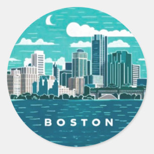 Vintage Retro Boston City Skyline, Boston City Classic Round Sticker