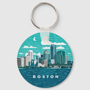 Vintage Retro Boston City Skyline, Boston City Keychain