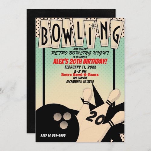 Vintage Retro Bowling Bowl Night Birthday Party Invitation