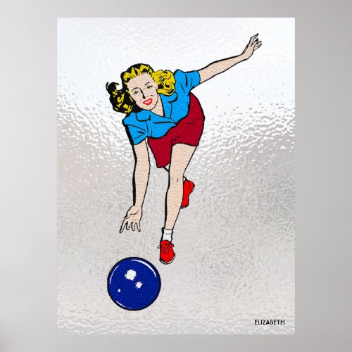 Vintage Retro Bowling Playing Girl Old Comics Poster