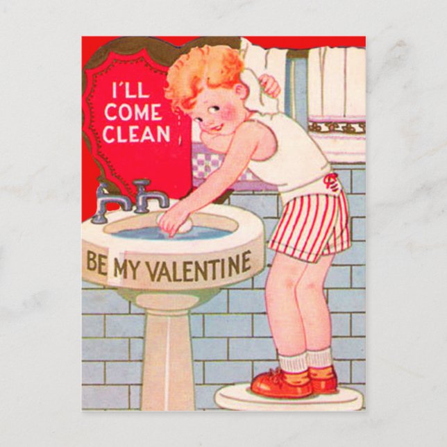 Vintage Retro Boy Cleaning Valentine Card (Front)