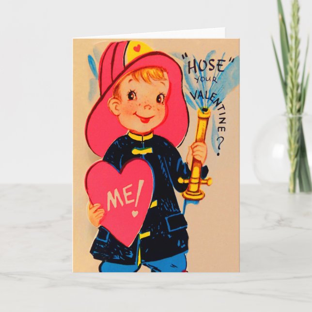 Vintage Retro Boy Fireman Valentine Card (Front)