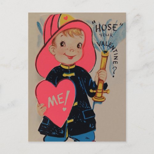 Vintage Retro Boy Fireman Valentine Card