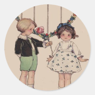 Vintage Retro Boy Giving Girl Flower Valentine Classic Round Sticker