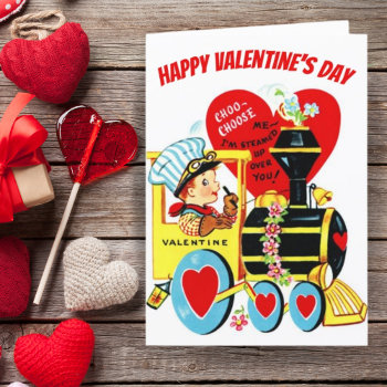 Vintage Retro Boy On Train Custom Valentine's Day Holiday Card by VintageDawnings at Zazzle