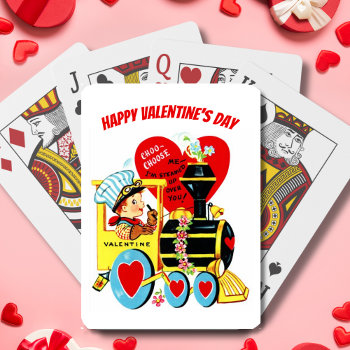 Vintage Retro Boy On Train Valentine's Day Playing Cards by VintageDawnings at Zazzle