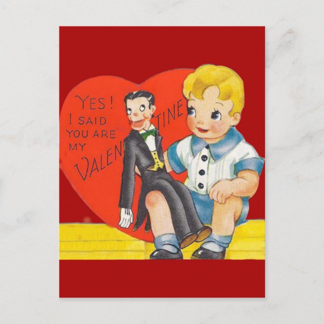 Vintage Retro Boy & Ventriloquist Dummy Valentine Holiday Postcard (Front)