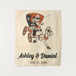 Vintage Retro Bride & Groom Carriage Comic Wedding Tapestry