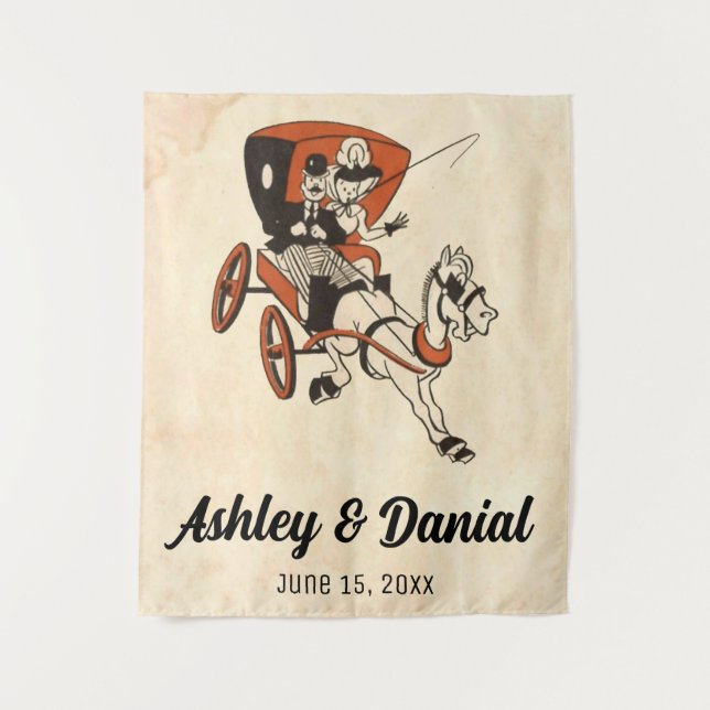 Vintage Retro Bride & Groom Carriage Comic Wedding Tapestry (Front)