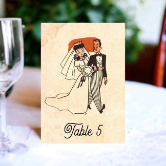 Vintage Retro Bride Groom Old Comic Rustic Wedding Table Number