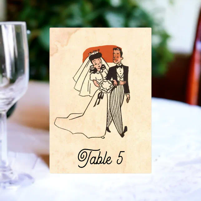 Vintage Retro Bride Groom Old Comic Rustic Wedding Table Number | Zazzle