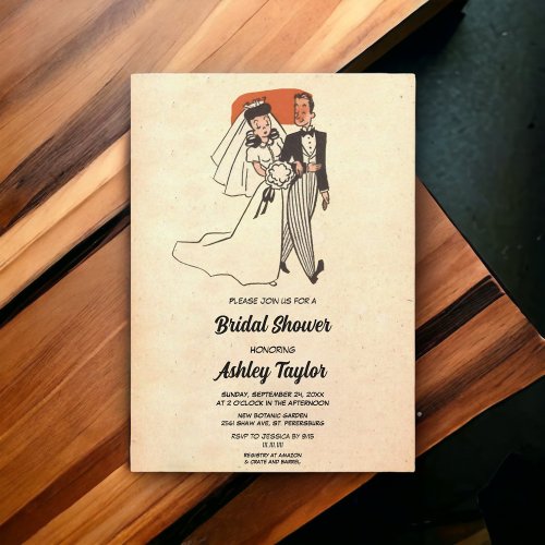 Vintage Retro Bride Groom Old Rustic Bridal Shower Invitation