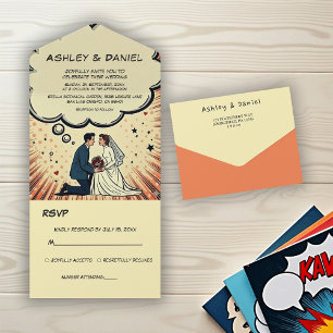 Vintage Retro Bride & Groom Pop Art Comic Wedding All In One Invitation