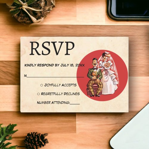 Vintage Retro Bride Groom Romantic Rustic Wedding RSVP Card