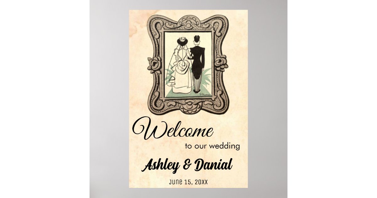 Vintage Retro Bride Groom Rustic Welcome Wedding Poster | Zazzle
